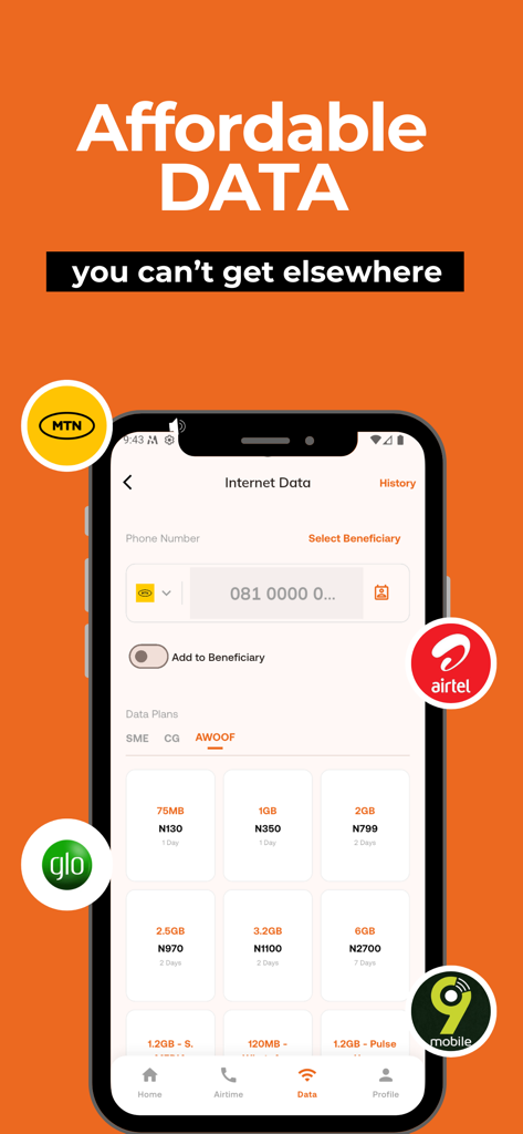 MinatPay: Cheap Data & Airtime - Interfaz de la app móvil MinatPay para comprar planes de datos nigerianos asequibles