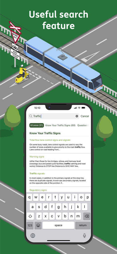 DfT Know Your Traffic Signs - A smartphone displaying the search interface of the DfT Know Your Traffic Signs app, showing results for traffic and road markings over a road illustration with a tram.