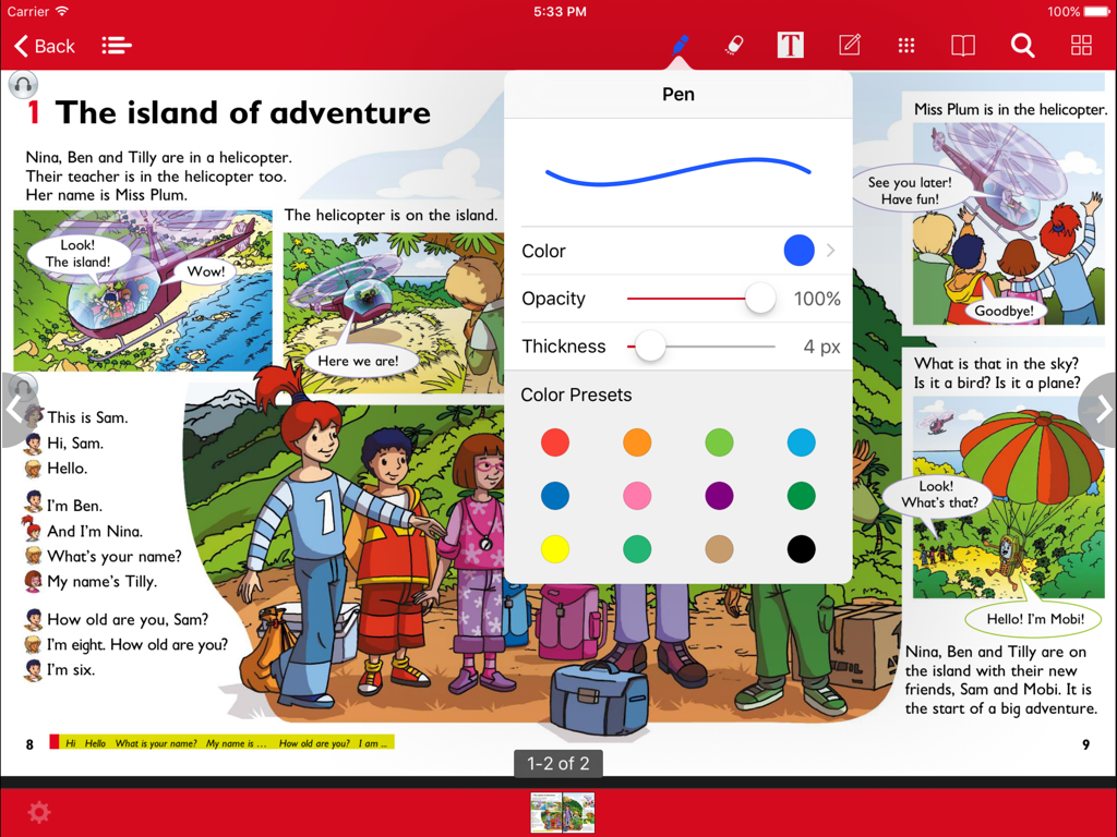 MEE2 - Mac Ed Everywhere - Educational app interface showing a digital textbook with an open pen tool settings menu.