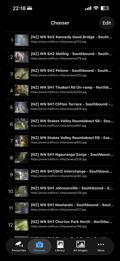 The Chooser screen of the TrafficCamNZ app displaying a numbered list of traffic cameras with their locations and web addresses.