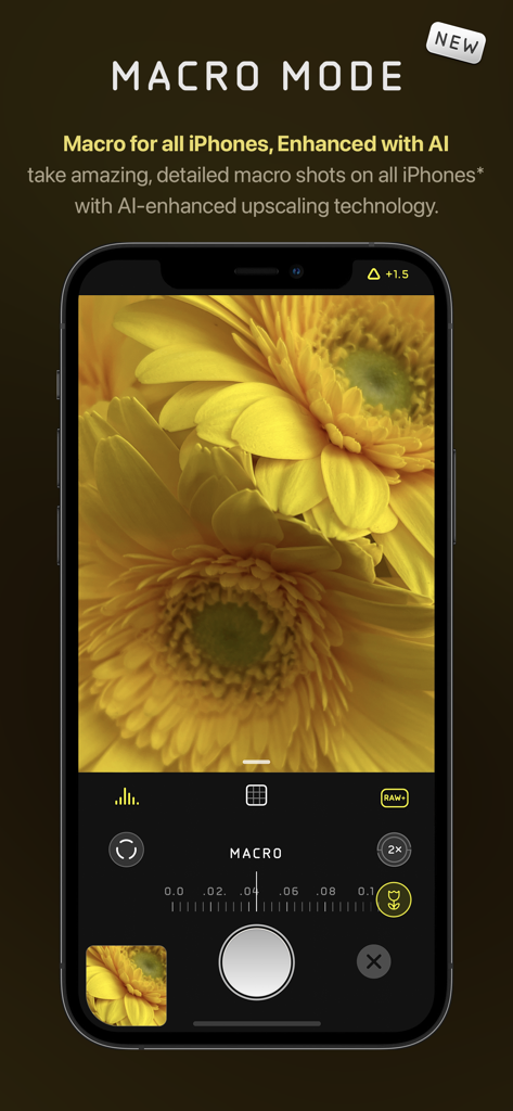 Halide Mark II - Pro Camera - Interfaz de la aplicación de cámara Halide Mark II que muestra el modo macro con un primer plano de flores amarillas.