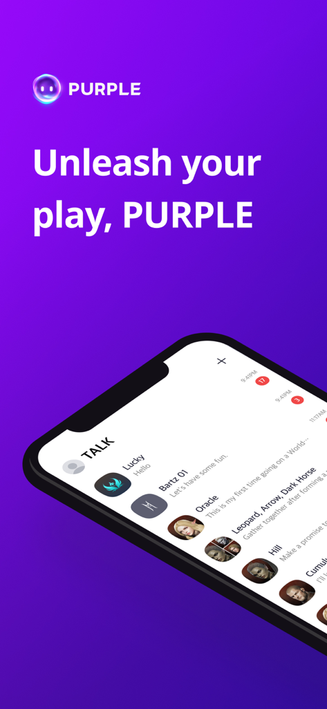 PURPLE gaming app interface showing the Talk clan chat feature on a smartphone