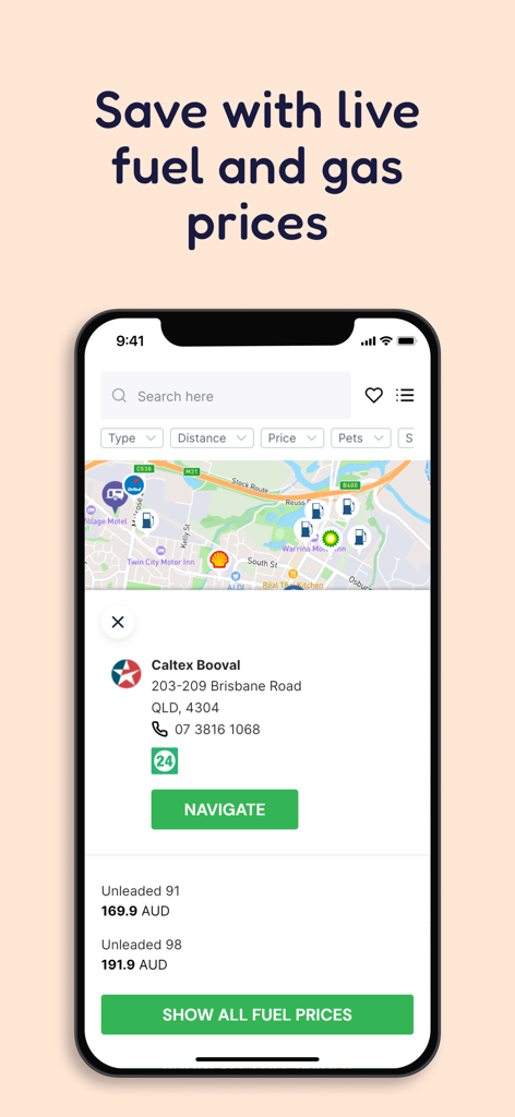 CAMPS: Camping Australia Wide - Pantalla de la aplicación móvil que muestra precios de combustible en tiempo real en Australia con un mapa y un botón de navegación