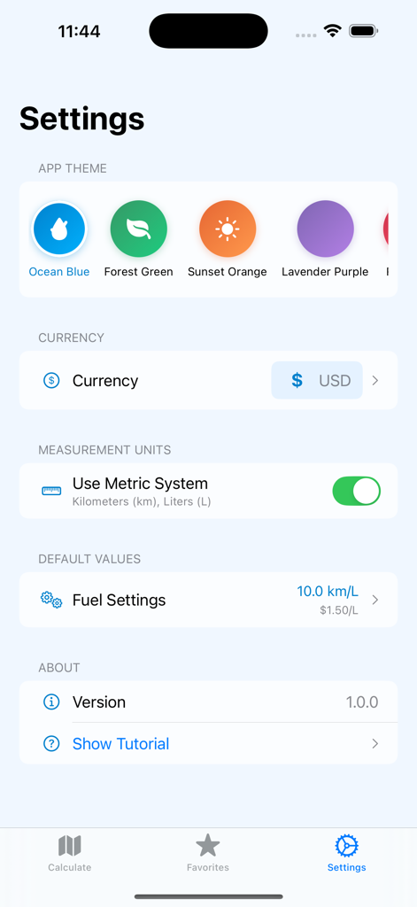 Settings screen for FuelCost app featuring app theme selection, currency options, and measurement unit toggles.