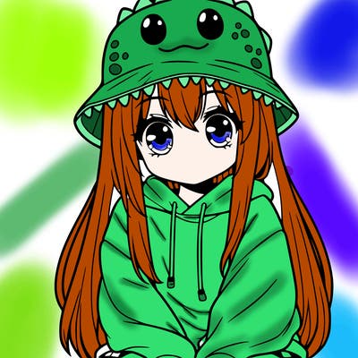 girl with anime shaped eyes with a dinosaur bucket hat oversized sweatshirt long straight hair