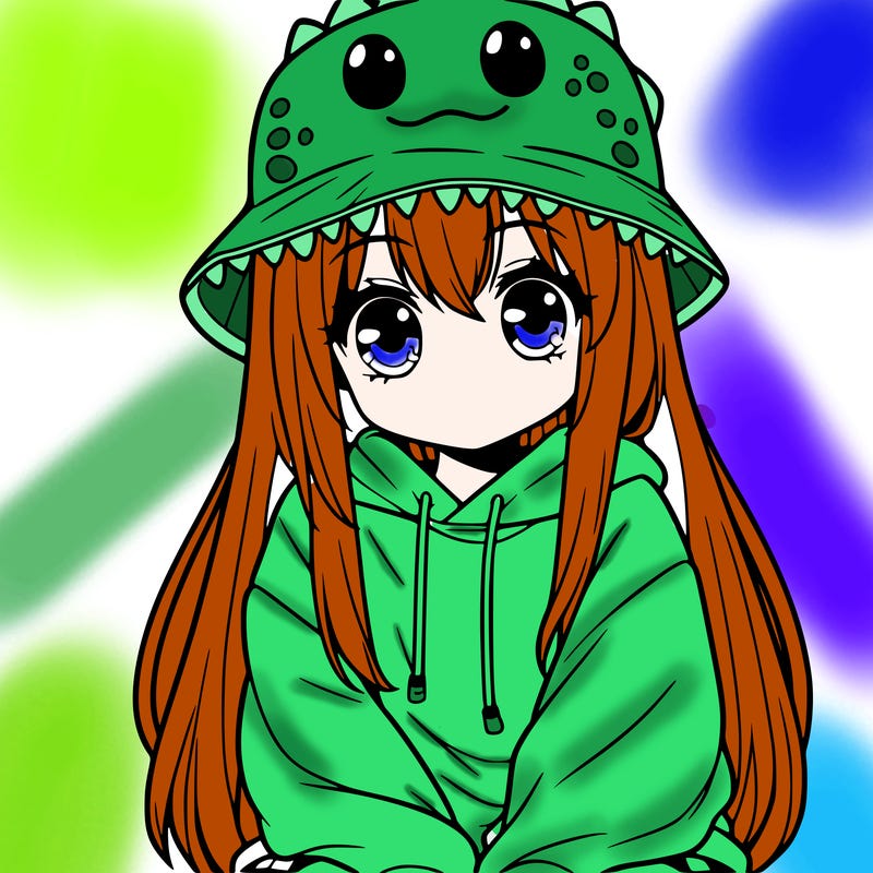 girl with anime shaped eyes with a dinosaur bucket hat oversized sweatshirt long straight hair