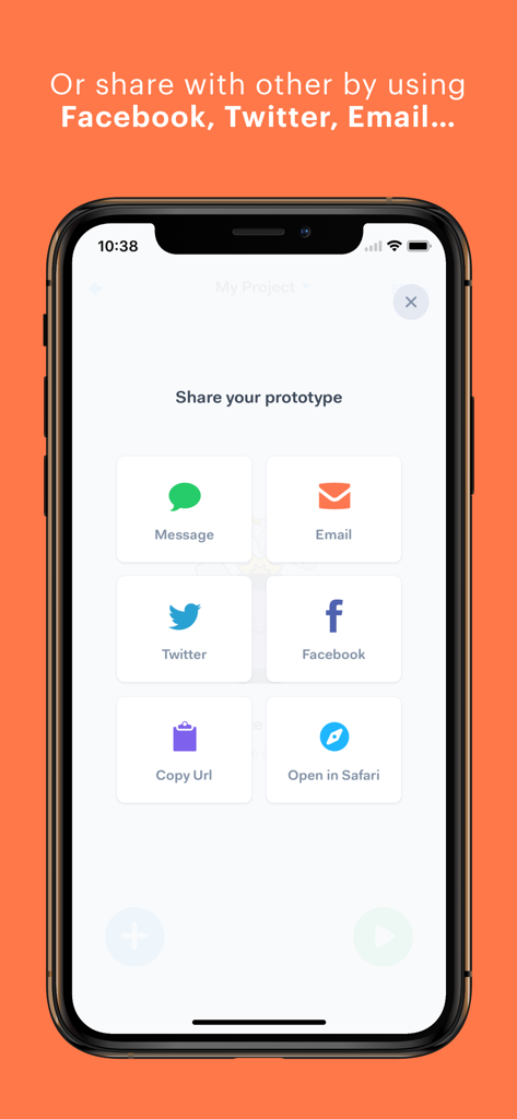 POP - Prototyping on Paper - Facebook、Twitter、Eメールを含むアプリプロトタイプの共有オプションを表示するiPhoneディスプレイ。