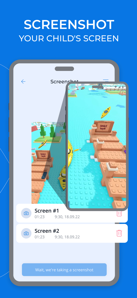 Interfaz de la aplicación Kroha que muestra capturas de pantalla remotas de la pantalla del móvil de un niño para monitorear la seguridad