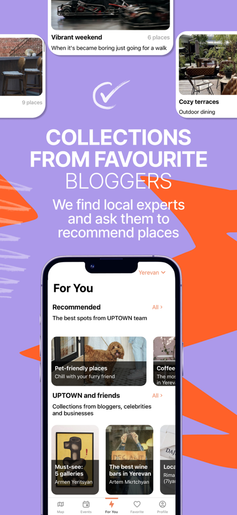 UPTOWN - map of places in town - UPTOWN app screen showing curated local collections and recommendations from bloggers