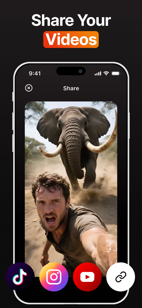 Interface do aplicativo Hedra AI exibindo um vídeo gerado e botões para compartilhar no TikTok e Instagram