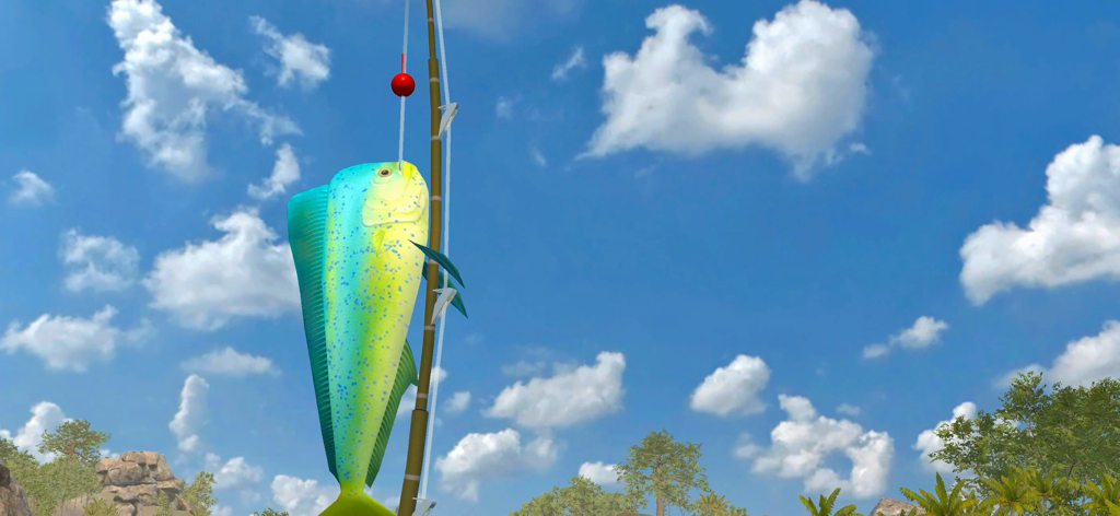 Fishing Friends 3D - Big Catch - Un pez tropical grande y colorido capturado en una caña de pescar contra un cielo azul con nubes