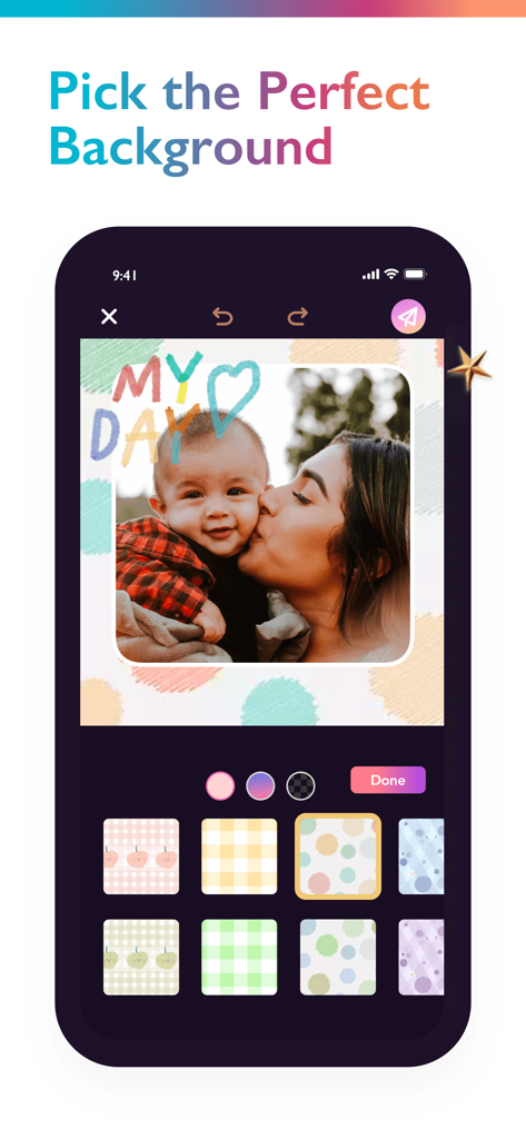 Photo Collage Maker：Pic Grid - Interfaz de usuario de la aplicación Pic Grid que muestra varias opciones de fondos estampados para una foto de una mujer y un bebé.