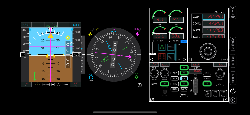 HomeSim - HomeSim flight simulation dashboard with primary flight display and radio controls