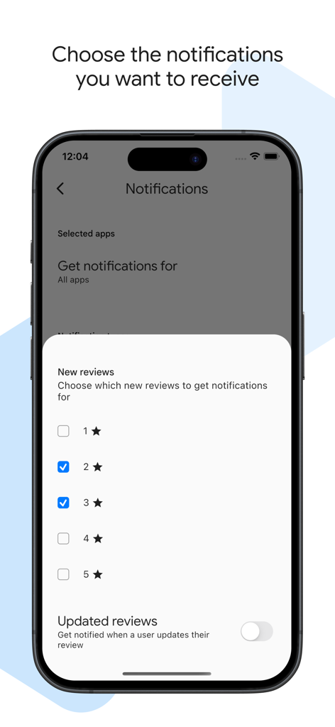 iPhone screen showing notification settings in the Google Play Console app where users can select which star ratings trigger alerts for new reviews.