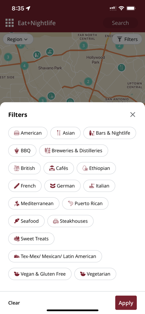 Visit San Antonio TX - Visit San Antonio アプリの地図上に表示されるダイニングとナイトライフのフィルタカテゴリ。