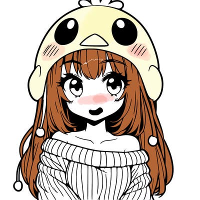 anime girl with chick shaped hat with sweater with bare shoulders with bangs covering them one eye with low tail