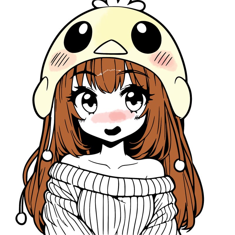 anime girl with chick shaped hat with sweater with bare shoulders with bangs covering them one eye with low tail