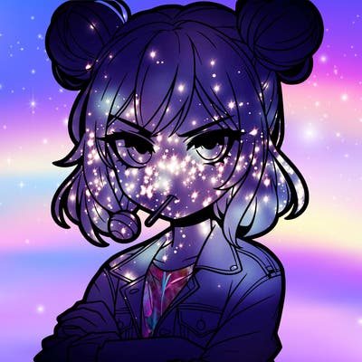 an anime girl with pigtails buns that are loose and free, she is wearing a jean jacket with her arms crossed. she has a lollipop in her mouth with her eyes narrowed. she looks very cool and daring