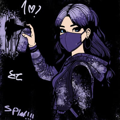 realistic girl with mask spray painting a wall