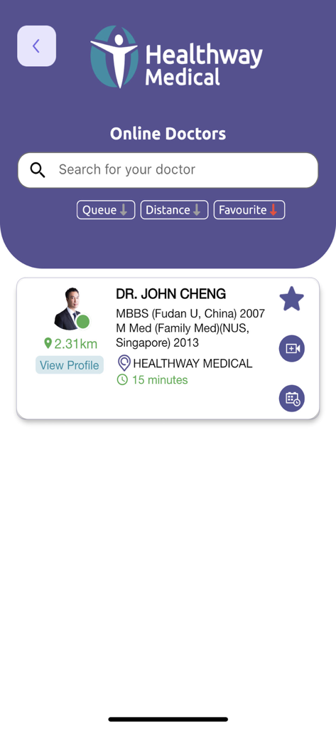 Healthway Medicalアプリの画面。特定の医師プロフィールを含むオンライン医師検索インターフェースが表示されています。