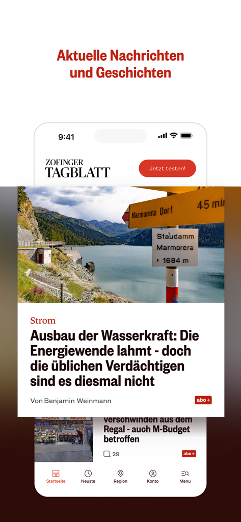 Zofinger Tagblatt - Interface of the Zofinger Tagblatt mobile app showing local Swiss news articles and regional navigation