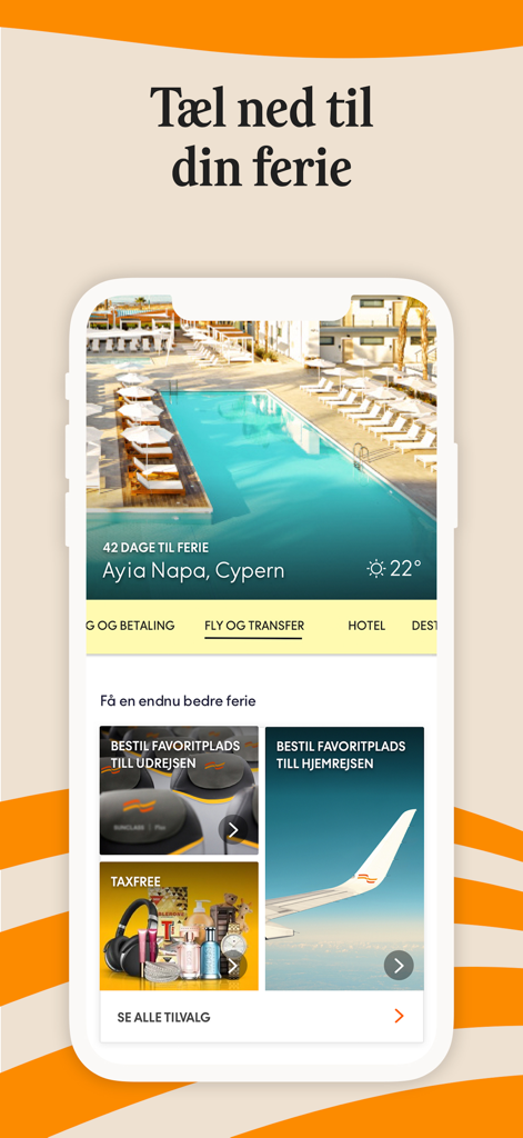 Spies – rejser, fly & hoteller - Spies travel app interface showing a vacation countdown to a resort in Cyprus and travel upgrade options
