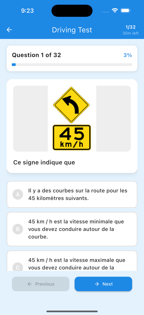 L License VIC - カーブ道路標識を特徴とするL License VICモバイルアプリの運転テスト練習問題。