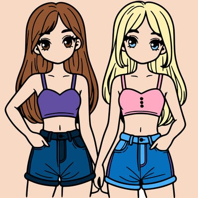 two sisters with crop tops and jean shorts and straight hair