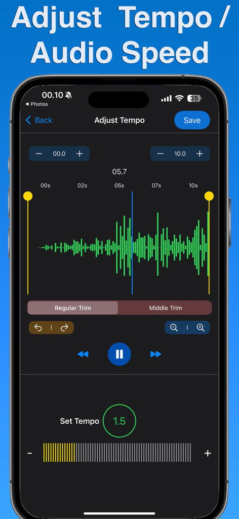 Music Speed Changer・Audio - Mobile interface of Music Speed Changer app showing audio waveform and tempo control settings.