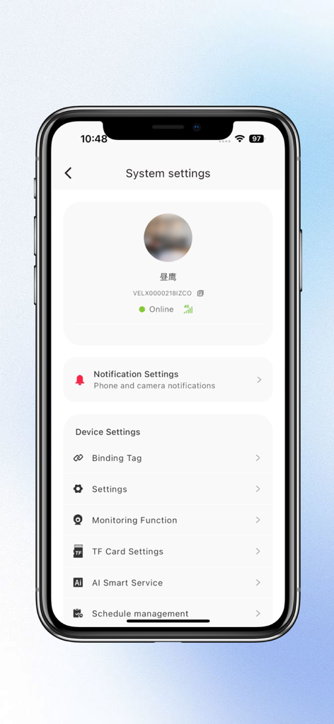 Schermata delle impostazioni di sistema dell'app Veesky che mostra lo stato dei dispositivi e le opzioni di configurazione della telecamera