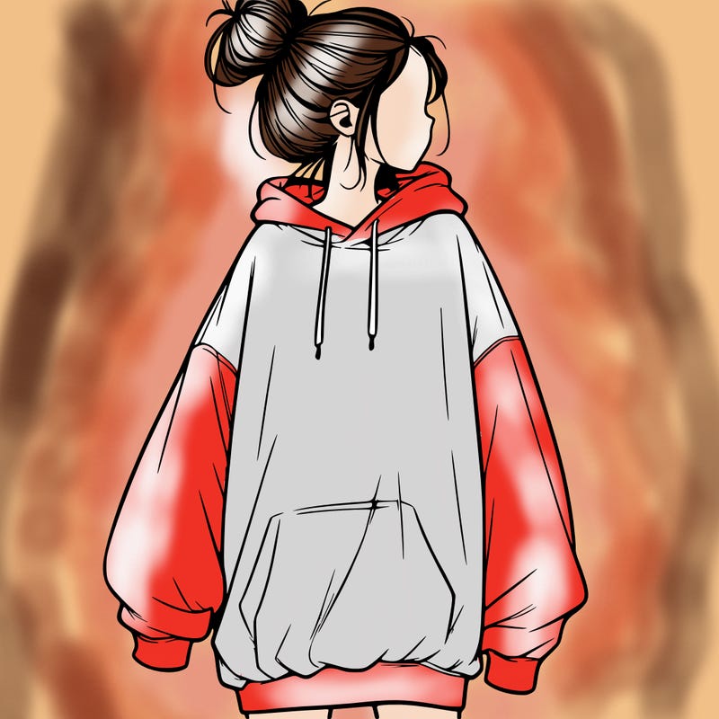 realistic girl with a oversized sweatshirt on and a bun