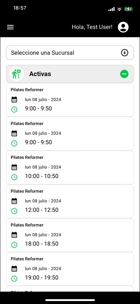 Espacio Pilates - A mobile app screen showing a list of active Pilates Reformer classes and schedules.