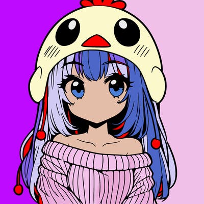 anime girl with chick shaped hat with sweater with bare shoulders with bangs covering them one eye with low tail