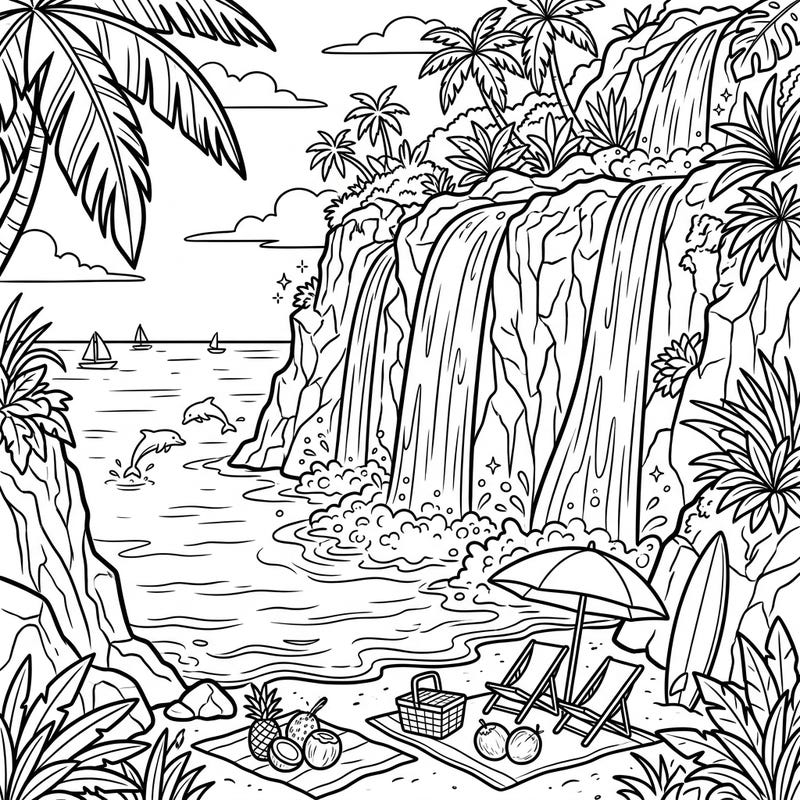 Escape to a tropical summer paradise with this enchanting coastal waterfalls coloring page. Featuring sandy beaches, playful dolphins, and lush foliage, it’s the perfect blend of adventure and relaxation for your next coloring session.