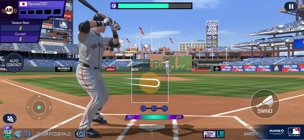 Gameplay screenshot of MLB Perfect Inning 25 showing a batter ready at home plate in a detailed stadium