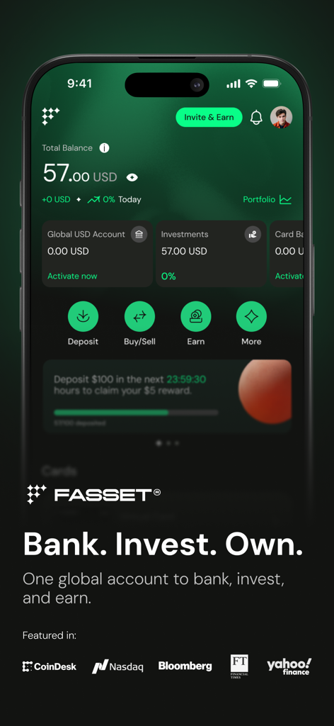 Fasset mobile app dashboard for global banking and crypto investments