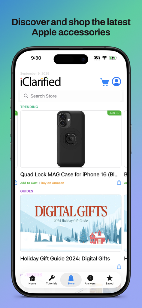 Interfaccia dell'App Store di iClarified con accessori Apple e guide regalo