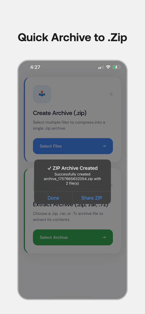 Unzip Fast - ZIP RAR 7Z - Captura de pantalla de la aplicación Unzip Fast mostrando un mensaje de confirmación después de crear con éxito un archivo ZIP en un iPhone.