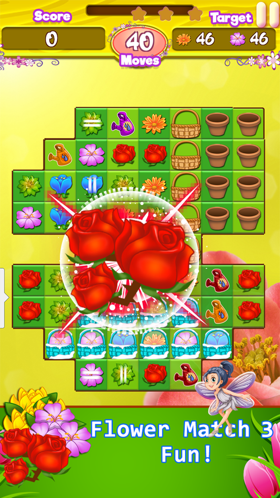 Blossom Garden - Free Flower Blast Match 3 Puzzle - Tabuleiro colorido de puzzle match 3 de flores com um efeito de explosão de flor e uma fada fofa