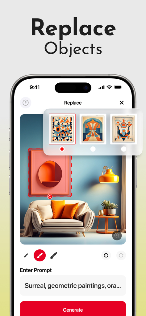 Home AI - AI Interior Design - Interface of the Home AI app showing how to replace wall art using AI-generated geometric painting styles