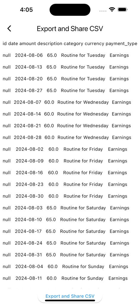 Cash Calendar - Cash Calendar app screen displaying a list of earnings and an export to CSV button
