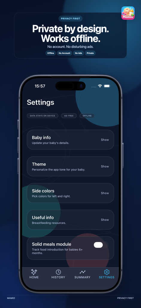 Mamio: Breastfeeding Tracker - Pantalla de configuración de la aplicación Mamio que muestra funciones de privacidad, incluido el modo sin conexión y la experiencia sin publicidad