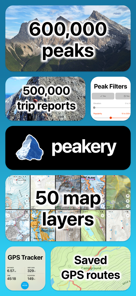 Peakery - Peakery app interface features showcasing 600,000 peaks 50 map layers and GPS tracking