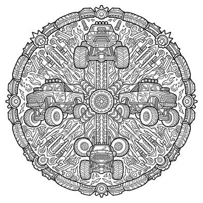 Dive into the thrilling world of monster trucks with this unique mandala coloring page. Experience the powerful symmetry and intricate details of a design that's ready for your creative touch.