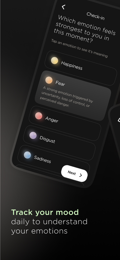 Nebbi App - Screenshot of the Nebbi app showing a daily mood check-in screen with a list of emotions like happiness and fear.