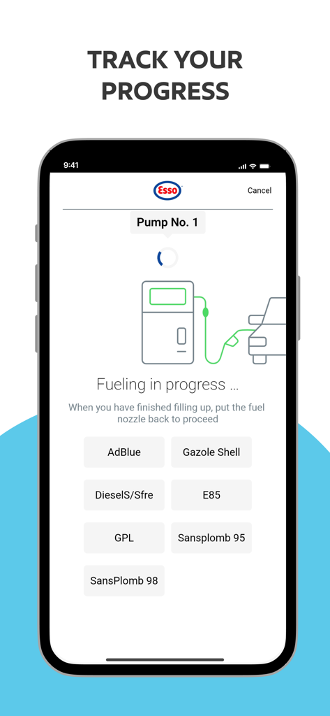 Tela de celular do aplicativo Esso PRO mostrando o progresso do abastecimento em tempo real na bomba número um para motoristas profissionais