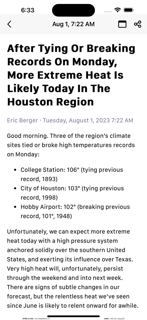 Un post del blog nell'app Space City Weather che discute dei record di caldo estremo a Houston.