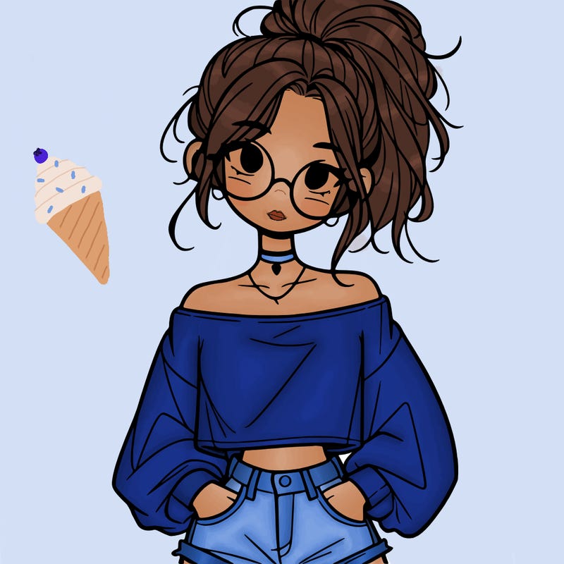 girl with a messy ponytail glasses a baggy crop top and jean shorts