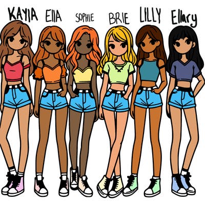 a group of girls wearing crop tops and shorts