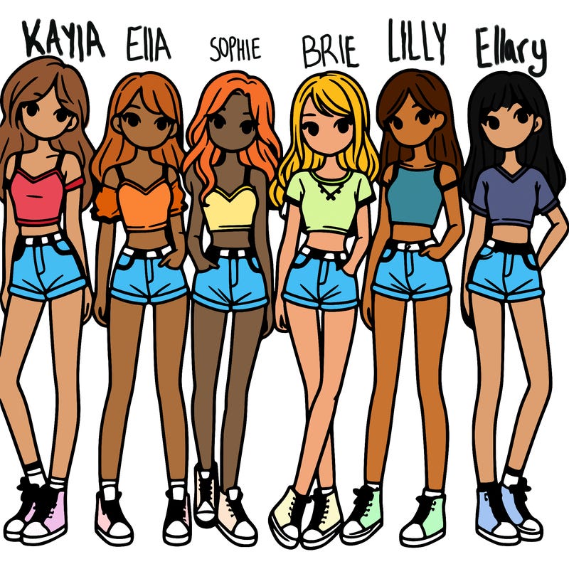 a group of girls wearing crop tops and shorts